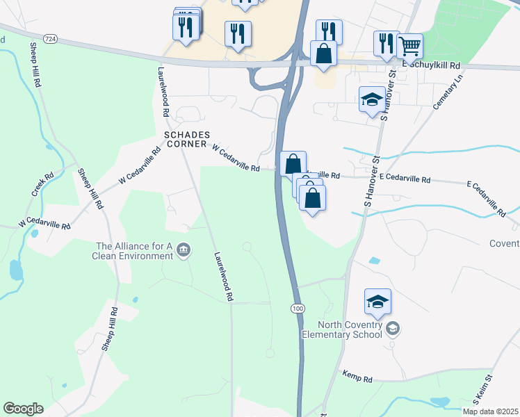 map of restaurants, bars, coffee shops, grocery stores, and more near 438 West Cedarville Road in Pottstown