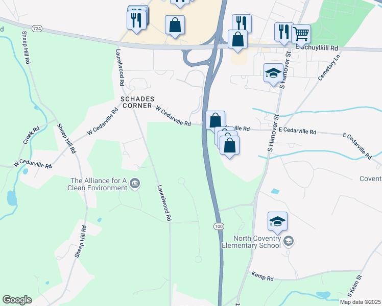 map of restaurants, bars, coffee shops, grocery stores, and more near 438 West Cedarville Road in Pottstown