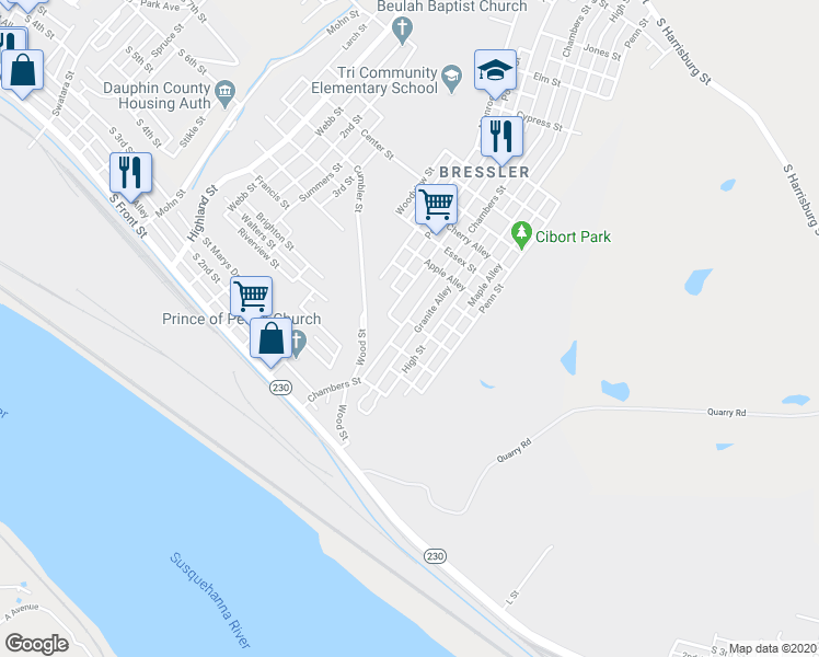 map of restaurants, bars, coffee shops, grocery stores, and more near 410 Chambers Street in Harrisburg