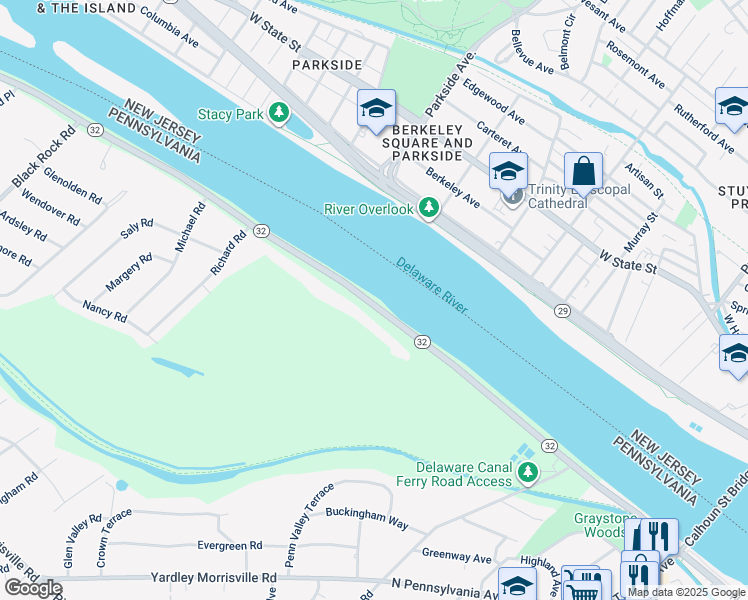map of restaurants, bars, coffee shops, grocery stores, and more near 567 River Road in Trenton