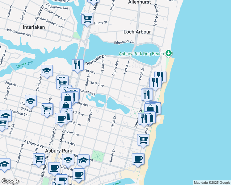 map of restaurants, bars, coffee shops, grocery stores, and more near 407 Sixth Avenue in Asbury Park