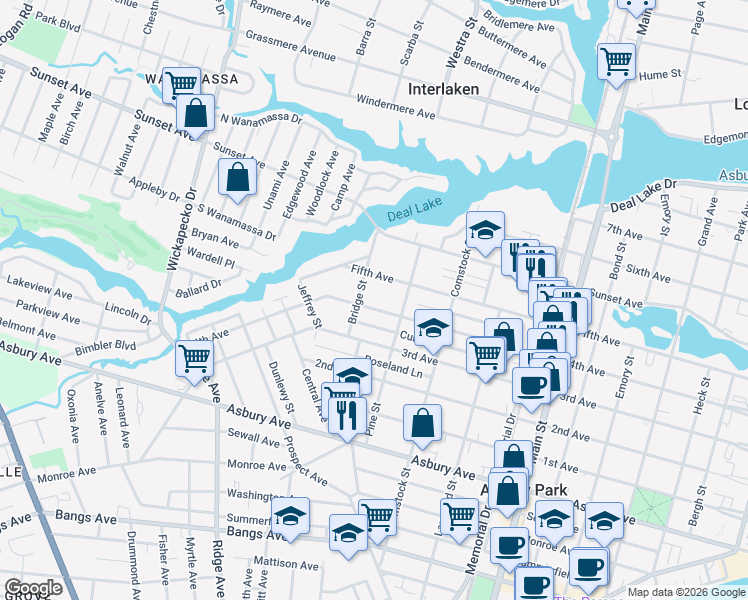 map of restaurants, bars, coffee shops, grocery stores, and more near 1206 5th Avenue in Asbury Park
