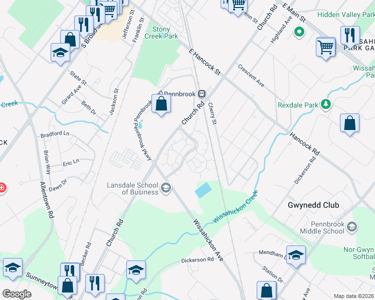 map of restaurants, bars, coffee shops, grocery stores, and more near 100 Reading Circle in Lansdale