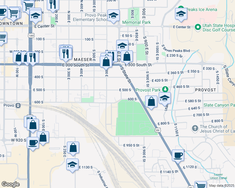 map of restaurants, bars, coffee shops, grocery stores, and more near 700 East 500 South in Provo