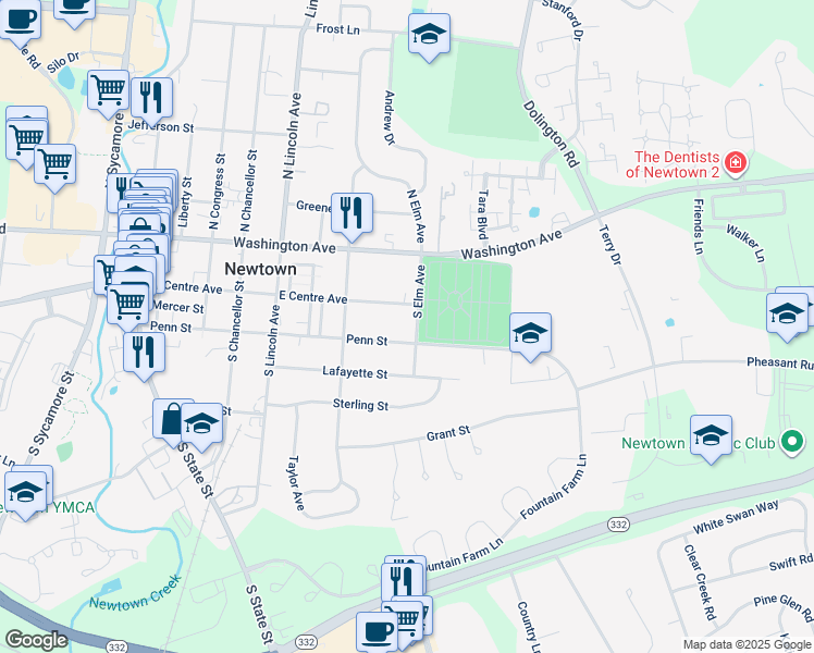 map of restaurants, bars, coffee shops, grocery stores, and more near 554 East Centre Avenue in Newtown