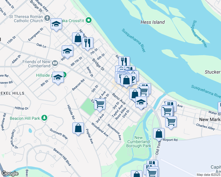 map of restaurants, bars, coffee shops, grocery stores, and more near 419 Reno Avenue in New Cumberland