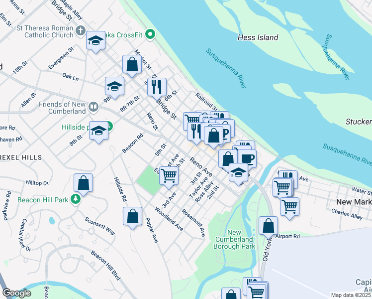 map of restaurants, bars, coffee shops, grocery stores, and more near 419 Reno Avenue in New Cumberland