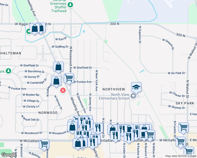 map of restaurants, bars, coffee shops, grocery stores, and more near 4114 North New York Avenue in Muncie