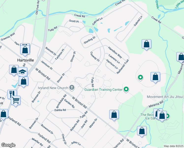 map of restaurants, bars, coffee shops, grocery stores, and more near 701 Julian Drive West in Warminster
