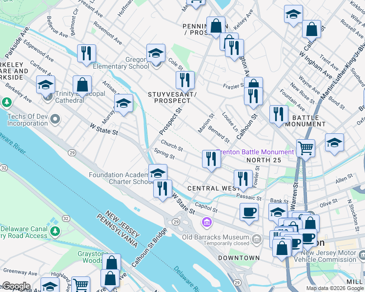 map of restaurants, bars, coffee shops, grocery stores, and more near 306 Church Street in Trenton
