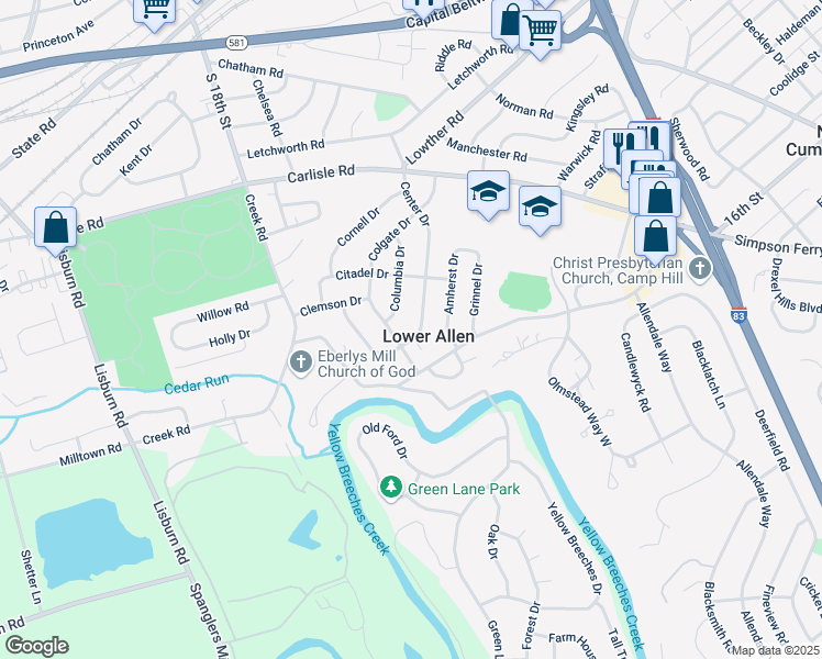 map of restaurants, bars, coffee shops, grocery stores, and more near in Lower Allen