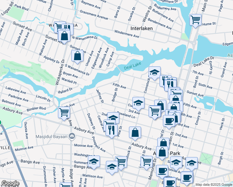 map of restaurants, bars, coffee shops, grocery stores, and more near 1200 Bridge Street in Asbury Park