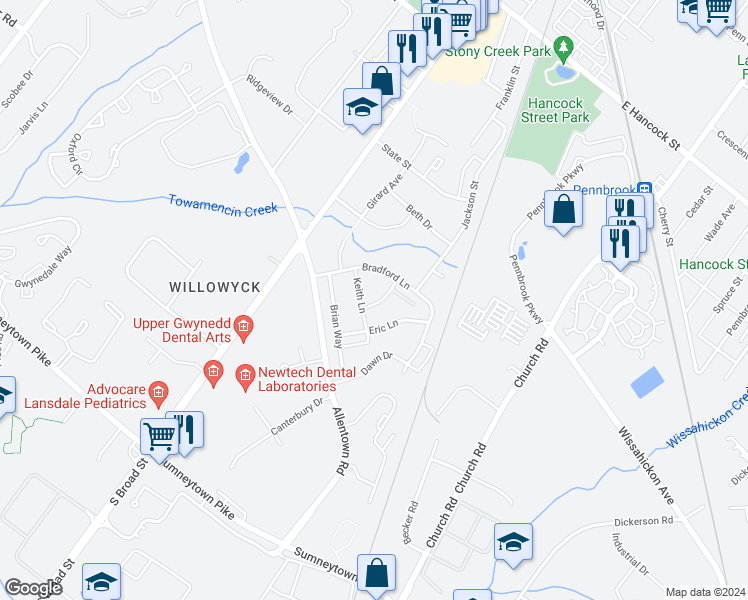 map of restaurants, bars, coffee shops, grocery stores, and more near 172 Barry Avenue in Lansdale