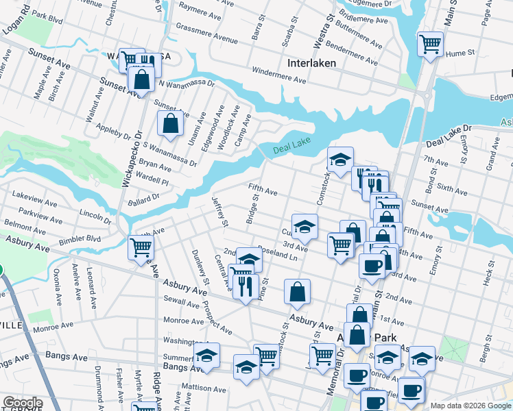map of restaurants, bars, coffee shops, grocery stores, and more near 1207 Bridge Street in Asbury Park
