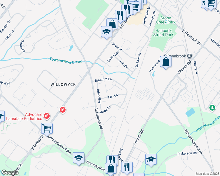 map of restaurants, bars, coffee shops, grocery stores, and more near 172 Barry Avenue in Lansdale