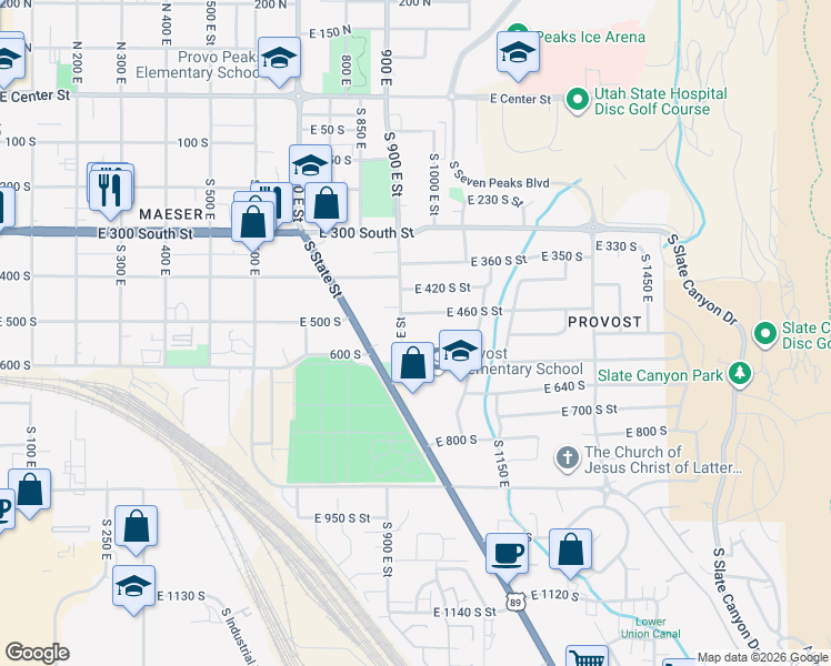 map of restaurants, bars, coffee shops, grocery stores, and more near 944 East 460 South Street in Provo