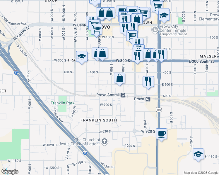 map of restaurants, bars, coffee shops, grocery stores, and more near 407 West 500 South in Provo