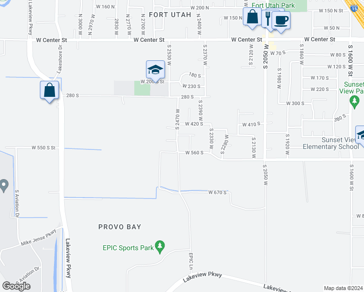 map of restaurants, bars, coffee shops, grocery stores, and more near 2493 West 500 South in Provo