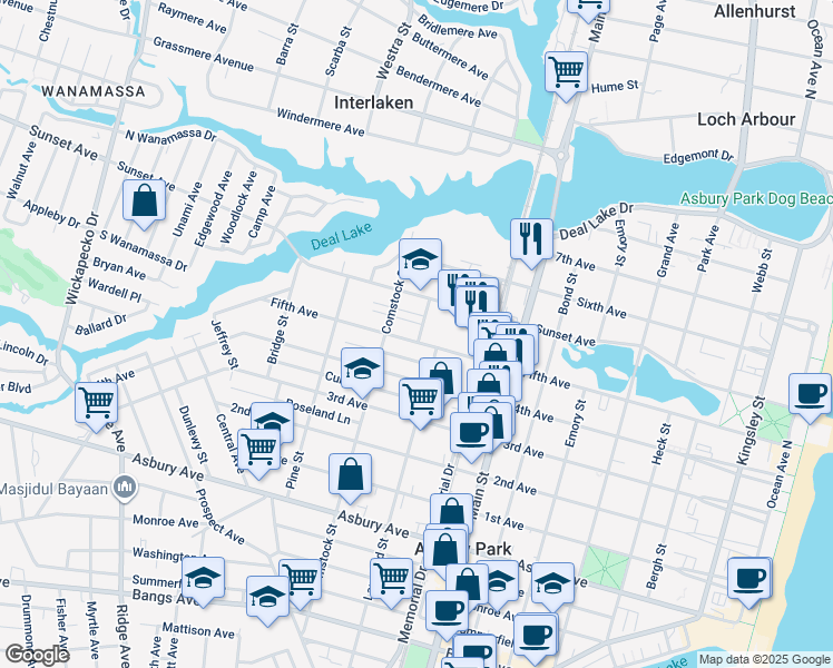 map of restaurants, bars, coffee shops, grocery stores, and more near 1304 Langford Street in Asbury Park