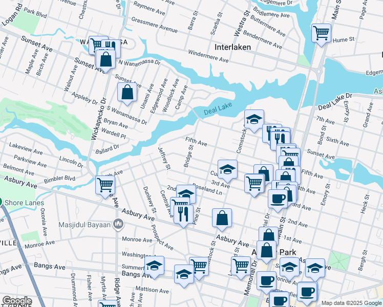 map of restaurants, bars, coffee shops, grocery stores, and more near 1207 Bridge Street in Asbury Park