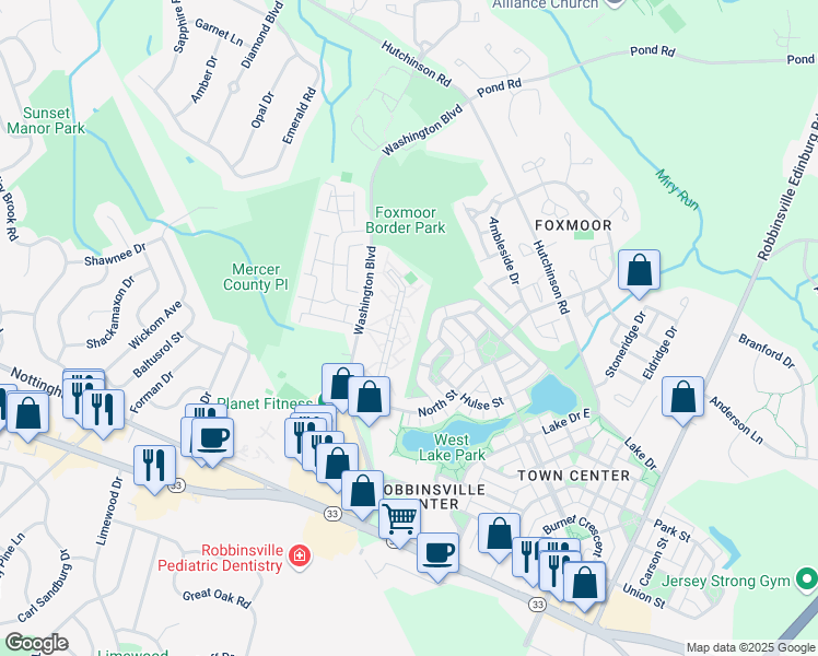 map of restaurants, bars, coffee shops, grocery stores, and more near 239 Wyndham Place in Robbinsville Township