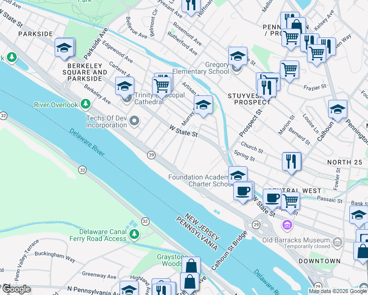 map of restaurants, bars, coffee shops, grocery stores, and more near 17 Atterbury Avenue in Trenton