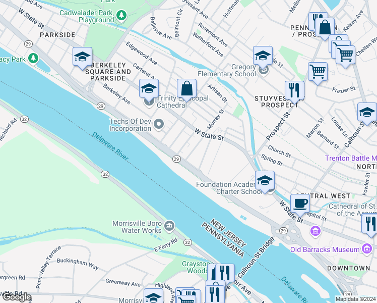 map of restaurants, bars, coffee shops, grocery stores, and more near 46 Colonial Avenue in Trenton