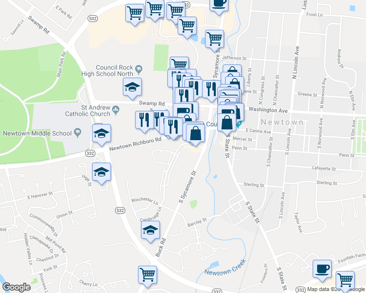 map of restaurants, bars, coffee shops, grocery stores, and more near 41 Cambridge Lane in Newtown