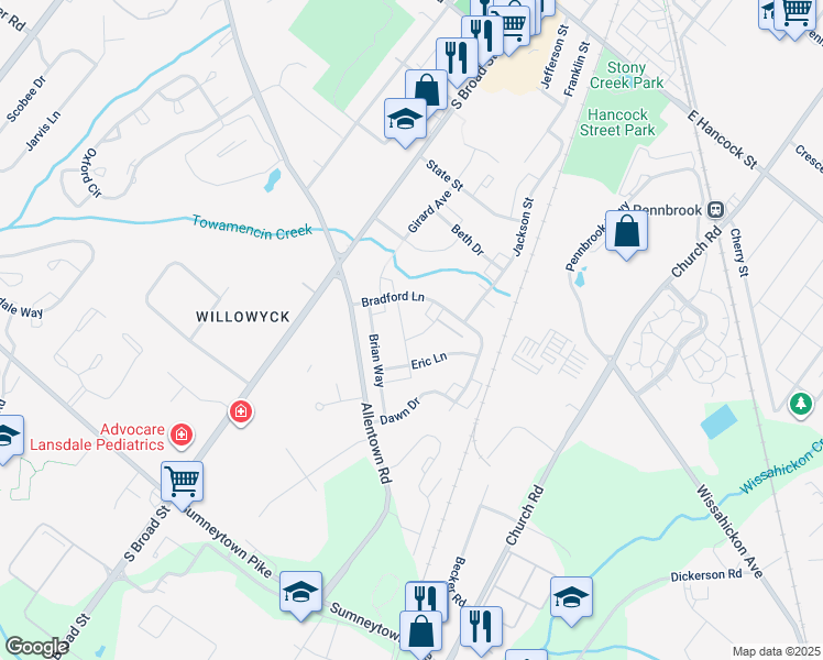 map of restaurants, bars, coffee shops, grocery stores, and more near 787 Keith Lane in Lansdale