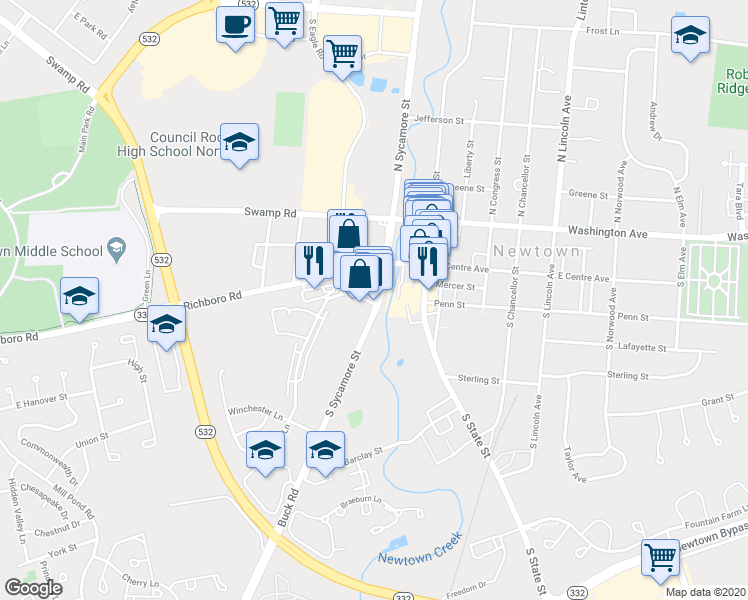 map of restaurants, bars, coffee shops, grocery stores, and more near 101 Cambridge Lane in Newtown