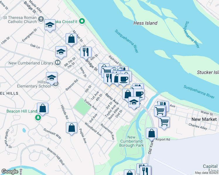 map of restaurants, bars, coffee shops, grocery stores, and more near 316 4th Street in New Cumberland