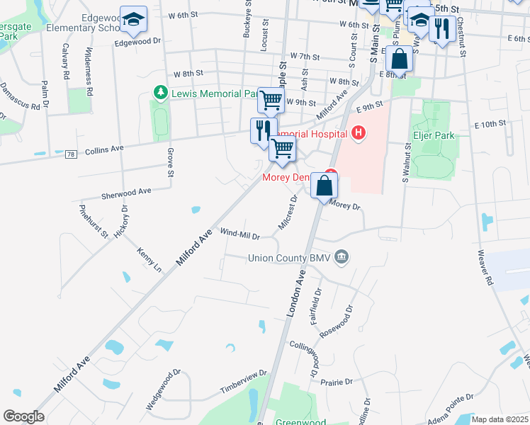 map of restaurants, bars, coffee shops, grocery stores, and more near 821 Milcrest Drive in Marysville