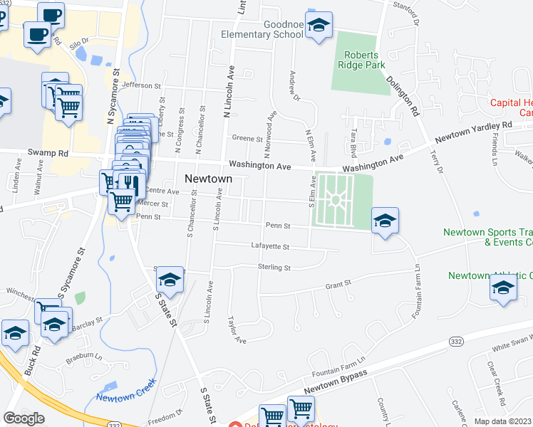 map of restaurants, bars, coffee shops, grocery stores, and more near 111 South Norwood Avenue in Newtown