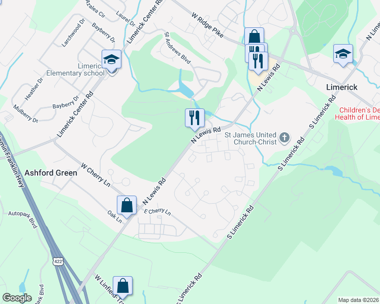 map of restaurants, bars, coffee shops, grocery stores, and more near 2808 Gateway Drive in Royersford