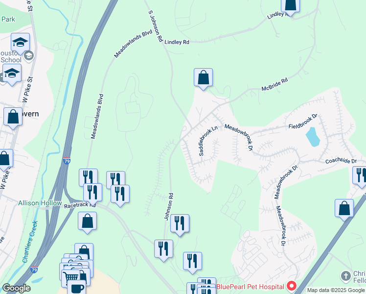 map of restaurants, bars, coffee shops, grocery stores, and more near 505 Bluegrass Drive in Canonsburg