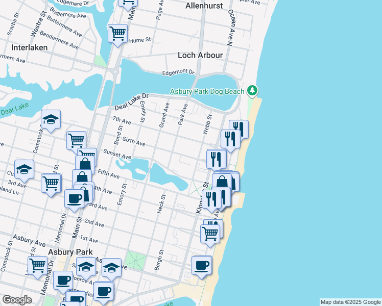 map of restaurants, bars, coffee shops, grocery stores, and more near 300 7th Avenue in Asbury Park