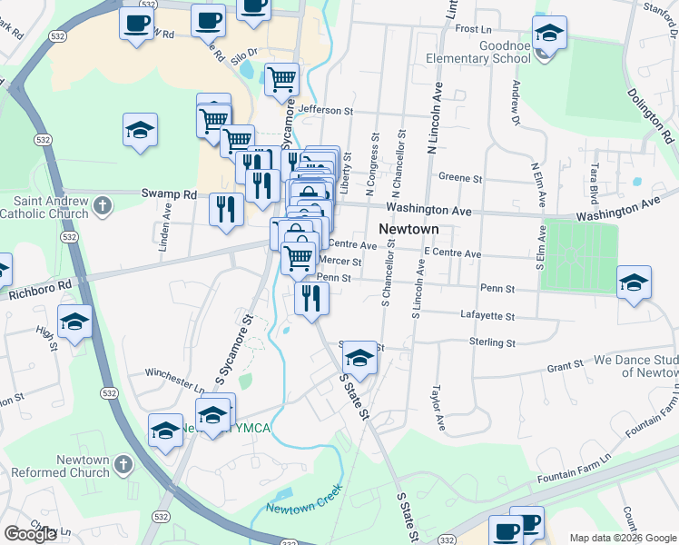 map of restaurants, bars, coffee shops, grocery stores, and more near 105 Penn Street in Newtown