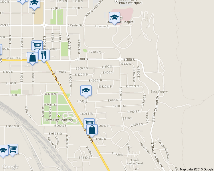 map of restaurants, bars, coffee shops, grocery stores, and more near 1243 E 520 S in Provo