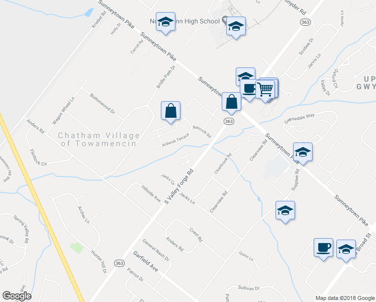 map of restaurants, bars, coffee shops, grocery stores, and more near 186 Charmouth Drive in Lansdale