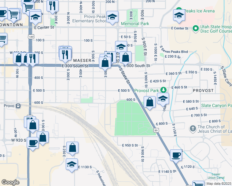 map of restaurants, bars, coffee shops, grocery stores, and more near 688 East 500 South in Provo