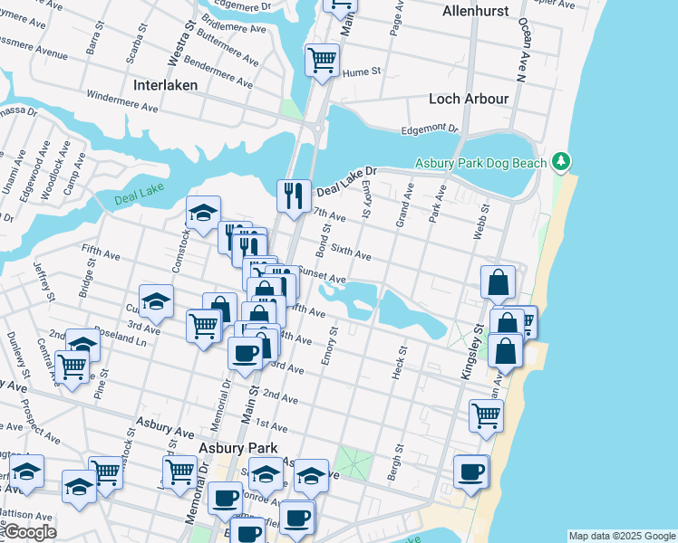map of restaurants, bars, coffee shops, grocery stores, and more near 605 Sunset Avenue in Asbury Park