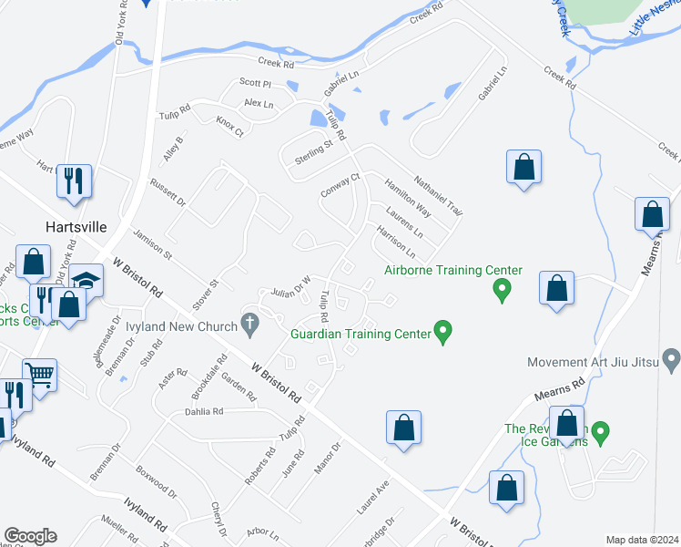 map of restaurants, bars, coffee shops, grocery stores, and more near 102 Carrington Court in Warminster