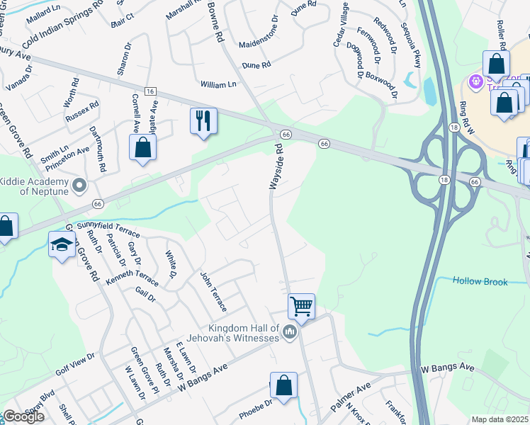 map of restaurants, bars, coffee shops, grocery stores, and more near 1 Rhodes Terrace in Neptune City