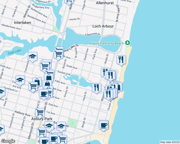 map of restaurants, bars, coffee shops, grocery stores, and more near 6th Avenue & Park Avenue in Asbury Park