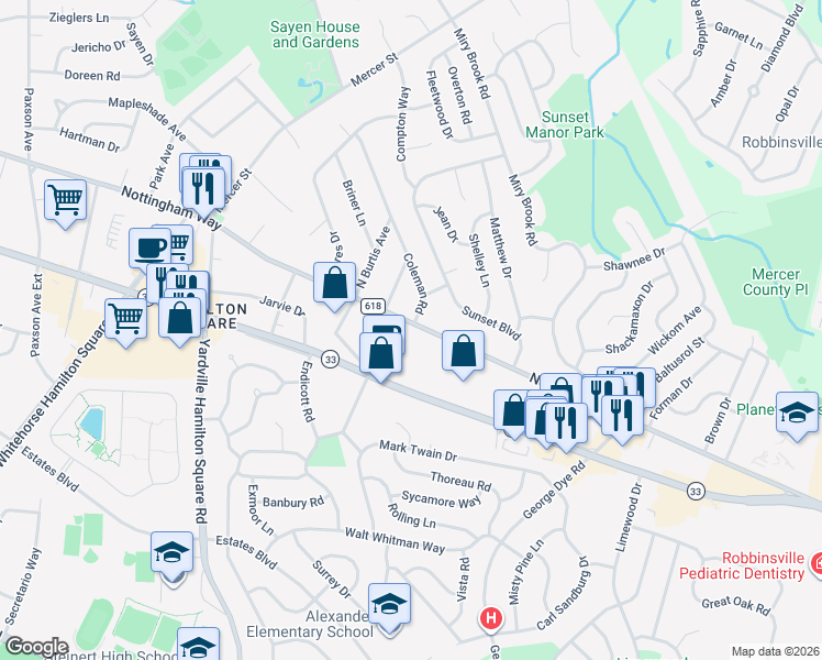 map of restaurants, bars, coffee shops, grocery stores, and more near 4101 Nottingham Way in Hamilton Township