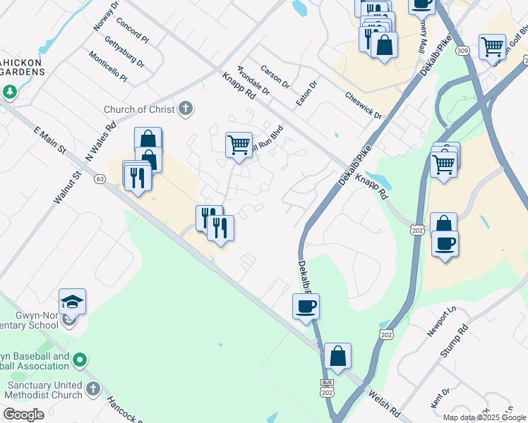 map of restaurants, bars, coffee shops, grocery stores, and more near 304 Colettes Court in North Wales
