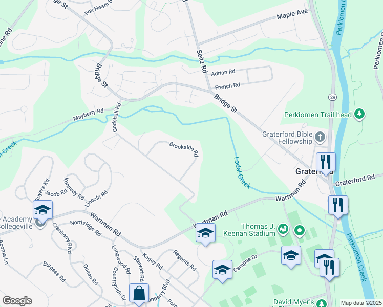 map of restaurants, bars, coffee shops, grocery stores, and more near 5 Brookside Road in Collegeville