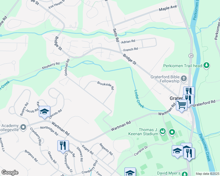 map of restaurants, bars, coffee shops, grocery stores, and more near 5 Brookside Road in Collegeville