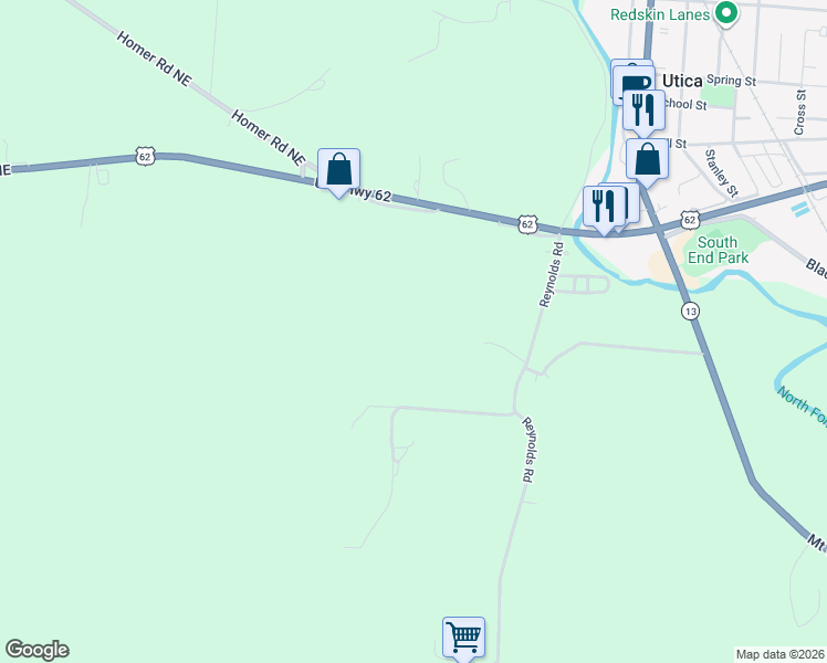 map of restaurants, bars, coffee shops, grocery stores, and more near 4070 Johnstown-Utica Road Northeast in Utica