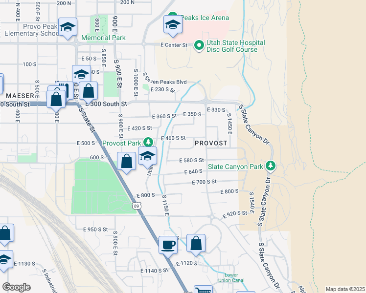 map of restaurants, bars, coffee shops, grocery stores, and more near 1243 E 520 S in Provo